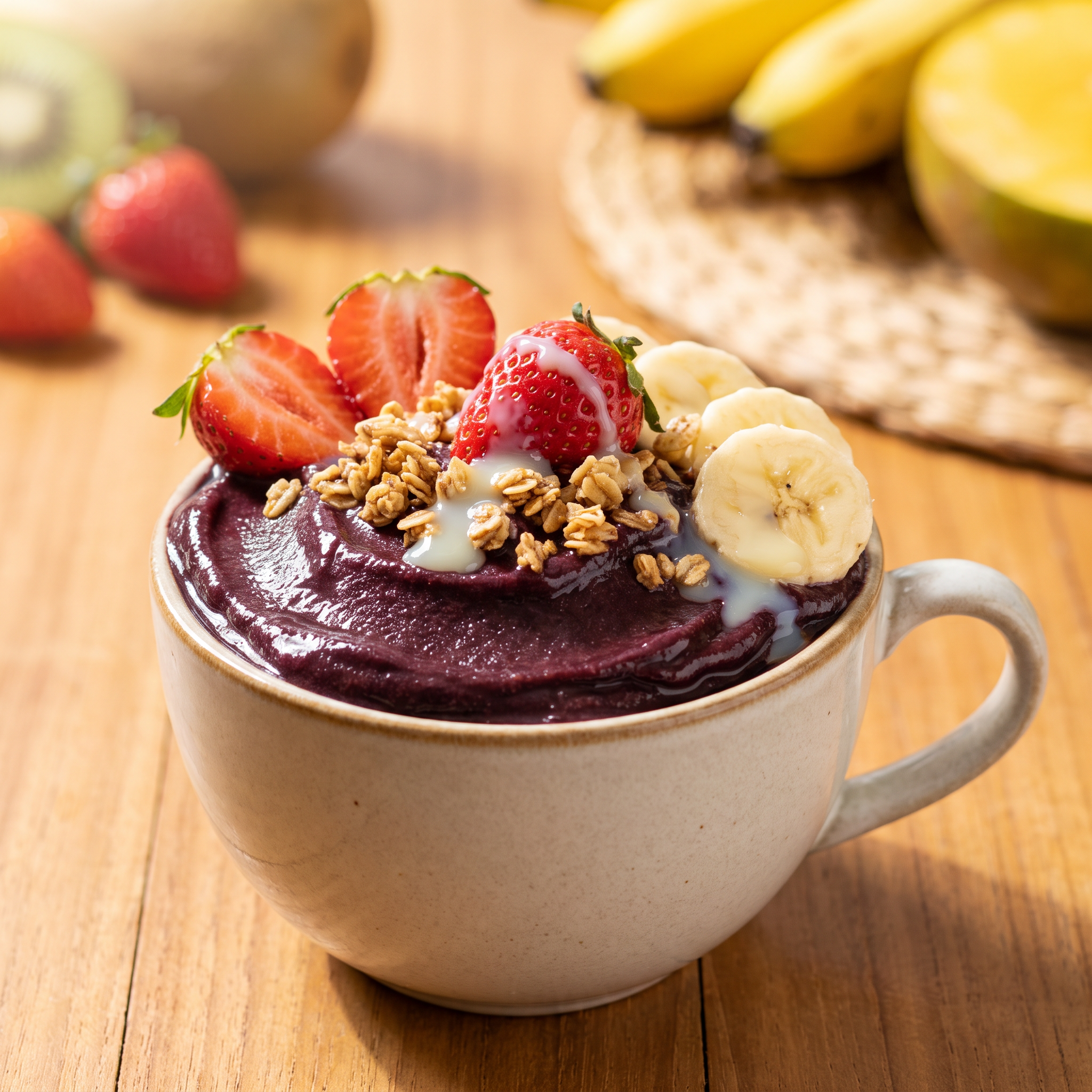 Copo de açaí montado com morango, banana e granola